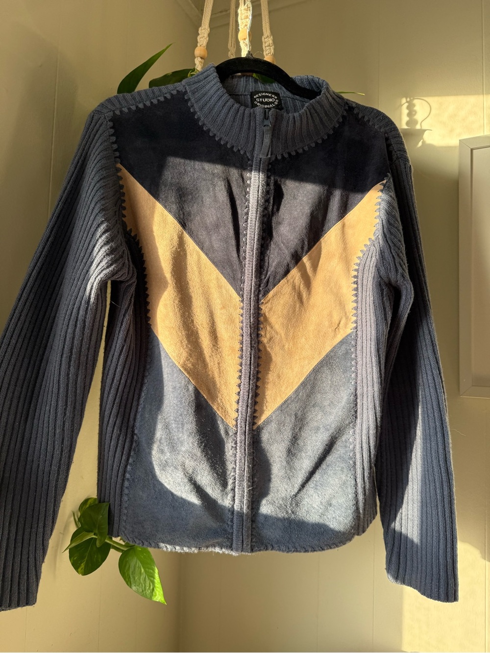 Vintage Suede Navy and Tan Chevron Zip Front Jacket